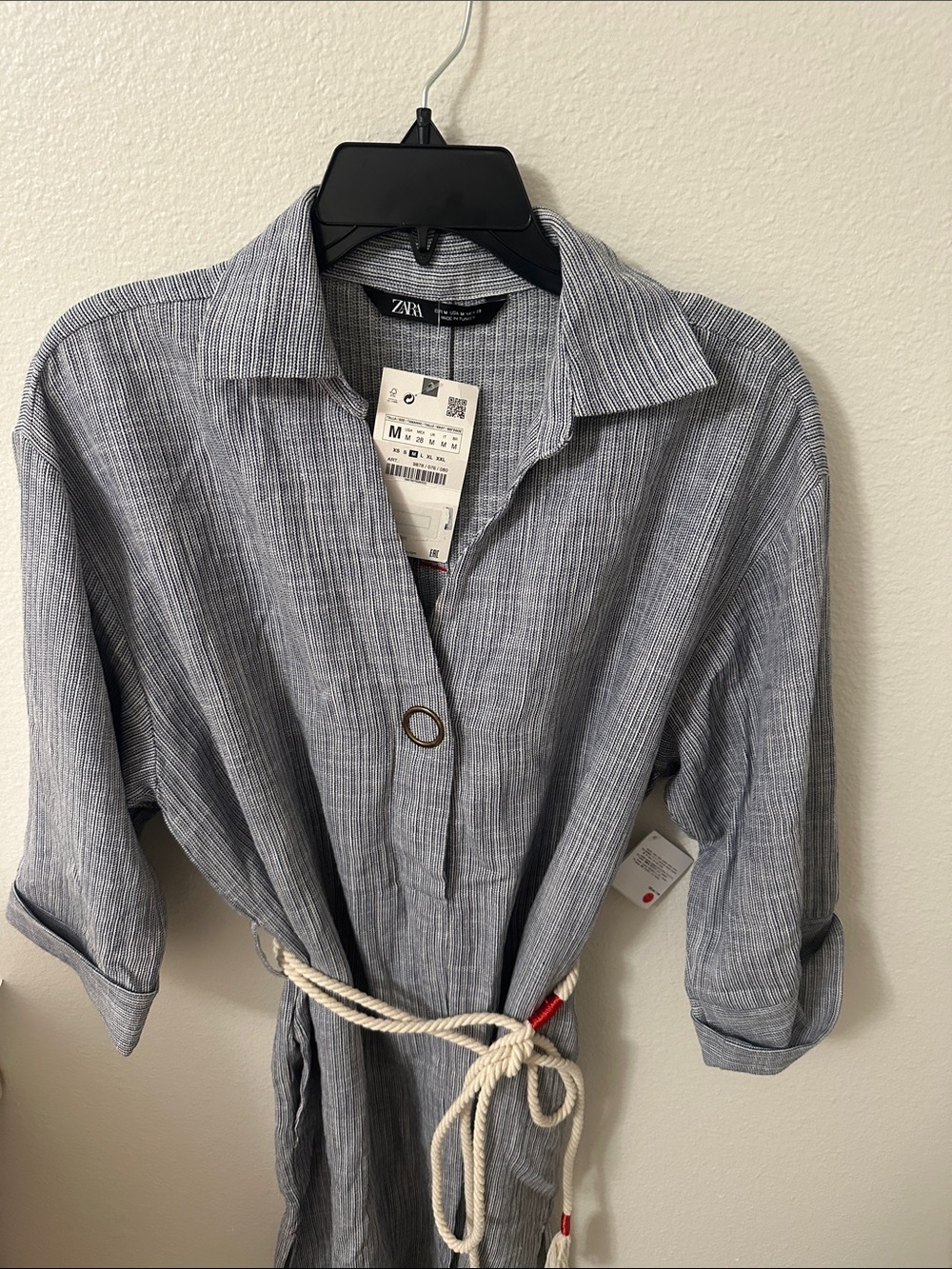 Zara Blue-Gray Striped Mini Shirt Dress with Rope Belt - Picture 2 of 4